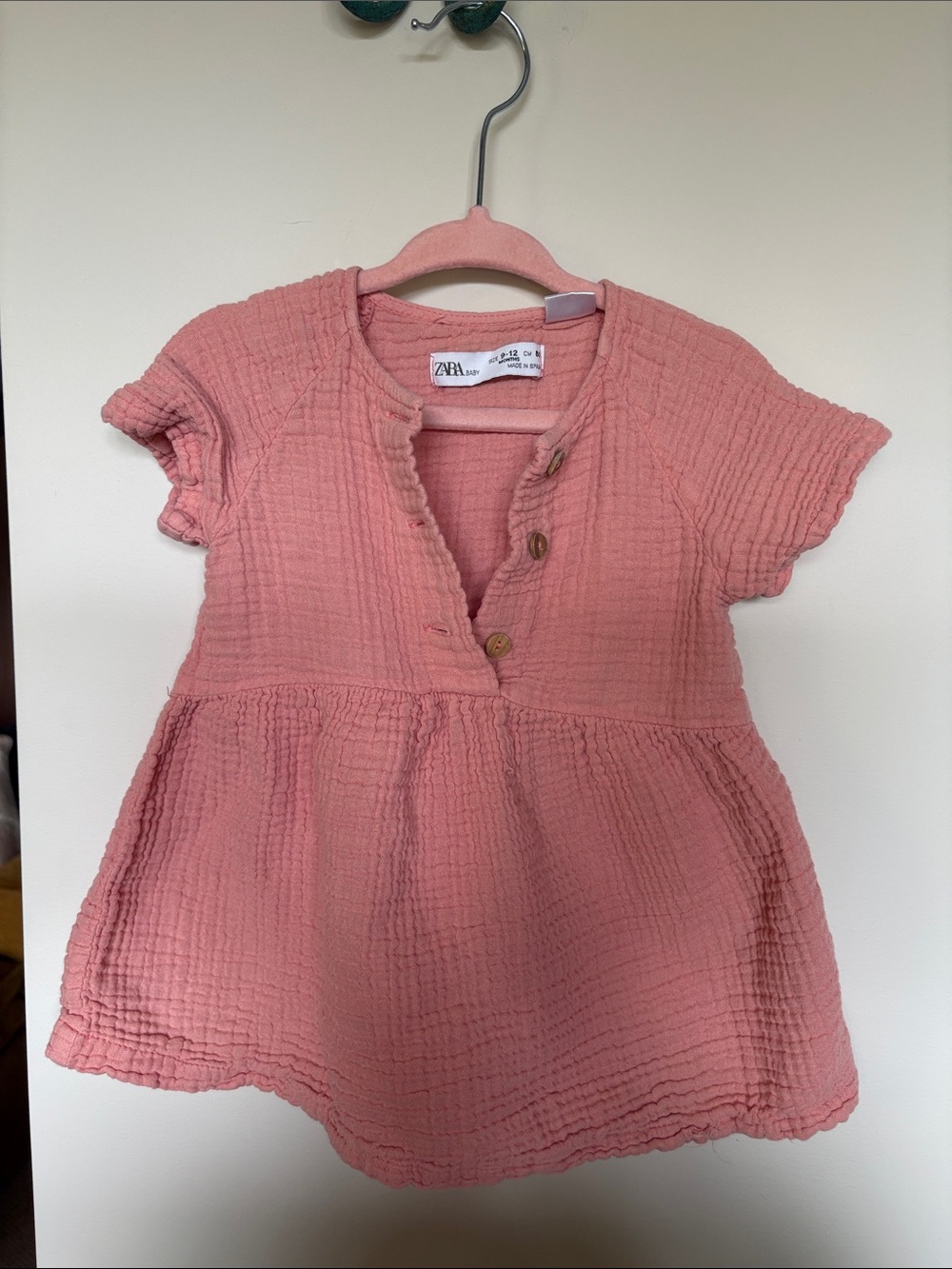 Zara Baby Pink Muslin Button Dress – 9–12M